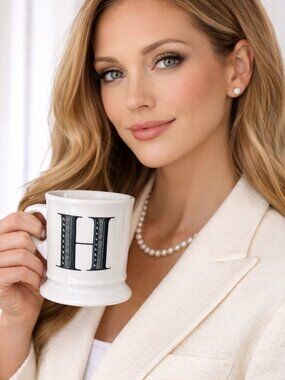 Anthropologie Initial "H" Ceramic Coffee Cup Mug Personalized Letter White Black